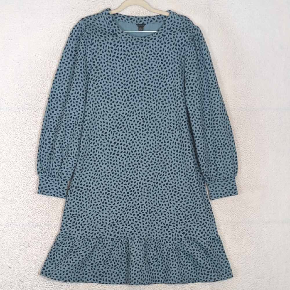 Ann Taylor Women's Blue Patterned Business Long Sleeve Midi Dress Size M